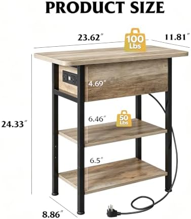WLIVE 3-Tier End Table with Charging Station Flip Top Narrow Nightstand - Image 3