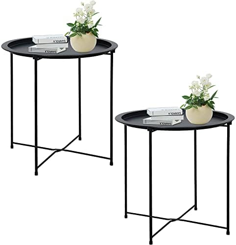 Garden 4 you End Table 2 PCS Metal Side Table Black Round Folding Tray Cyan Sofa Small Accent Fold-able Table, Round End Table Tray, Next to Sofa Table, Snack Table for Living Room and Bed Room by Garden4you