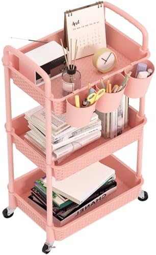 MOYIPIN 3-Tier Plastic Rolling Utility Cart with Handle,Pink by MOYIPIN