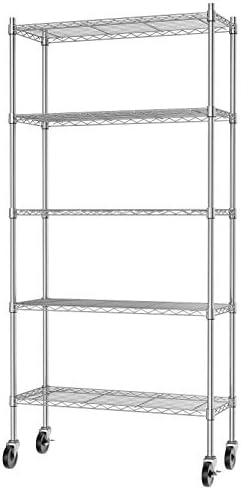 Auslar 5-Shelf Storage Shelves with Casters Heavy Duty 5 Tiers Rolling Cart Utility Racks Adjustable Wire Metal Shelving, 14" x 36" x 76.5", Chrome by Auslar