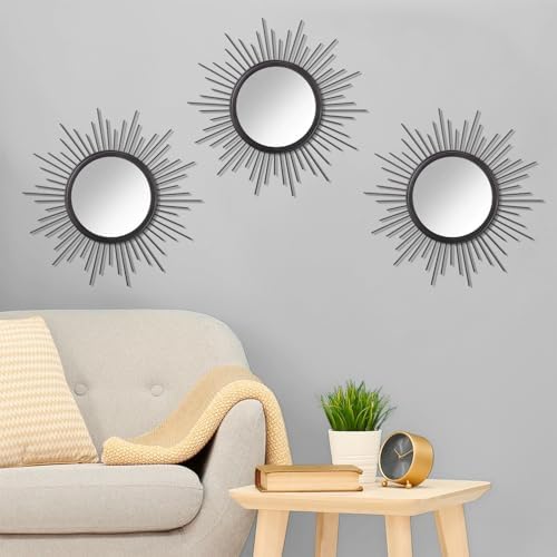 3 Pack Black Metal Wall Mirrors Sunburst Wall Mirrors Home Décor Art Decorative Modern Bohemian Hanging Wall Art for Bedroom Bathroom Living Room Entryway Small 12'' - Image 3