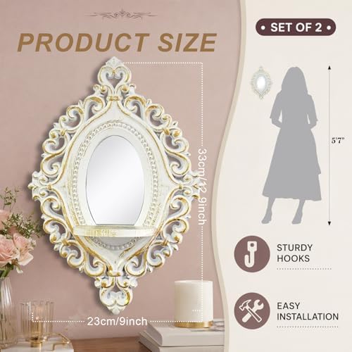 2 Set Vintage Candle Wall Sconce for Home Decor Living Room Bedroom Office Wood Antique Mirrored Victorian Mounted Candlestick Wall Holder Relief Hanging Decor -White 11.8in - Image 2
