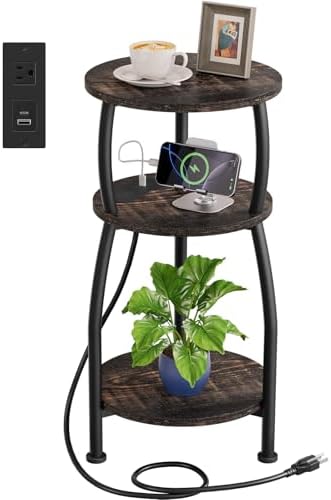 Round Side Table with Charging Station, Small Spaces Nightstand by designyourhome
