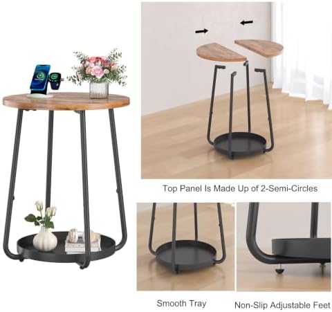 sthmec Small Round Side End Table with Storage, 2 Tier Round Bedside Sofa Couch Coffee Tables with Tray, Metal Nightstand for Small Spaces, Living Room Bedroom, Rustic Brown - Image 4