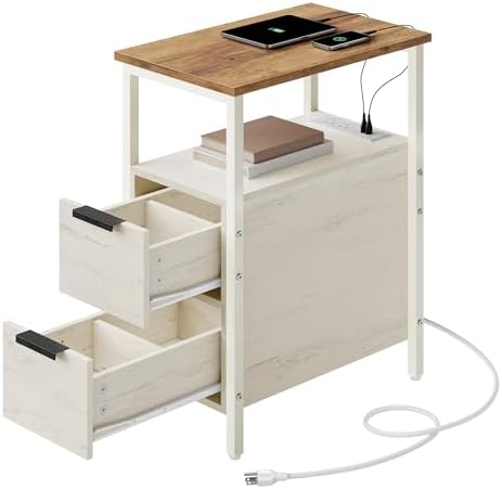 VASAGLE Side End Table with Charging Station, Slim Nightstand with Storage by VASAGLEbySONGMICSHOME