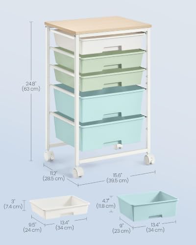 VASAGLE Rolling Cart with Drawers,5 Drawers Storage Cart, Green and White - Image 3