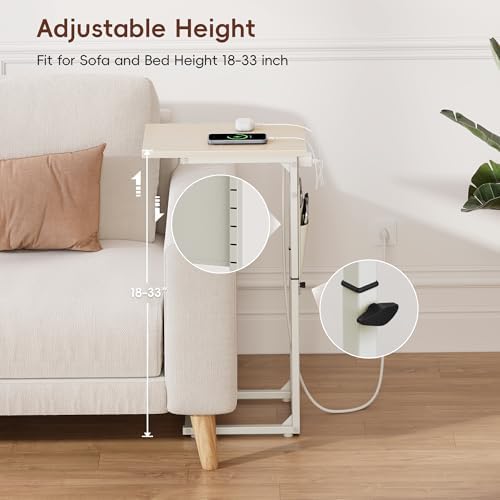 Vagusicc C Shaped End Table with Charging Station, Adjustable Height Side Table for Couch, Small Sofa Table C Table End Table, Slide Under Couch Table TV Tray Arm Table for Living Room, Bedroom, Cream - Image 4