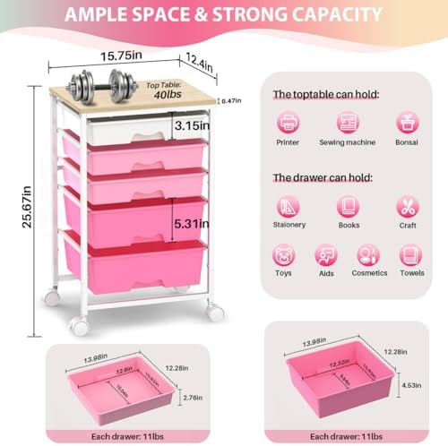 Goovilla Rolling Cart with 5 Drawers for Craft, Art, Dorm, Office, Pink - Image 2