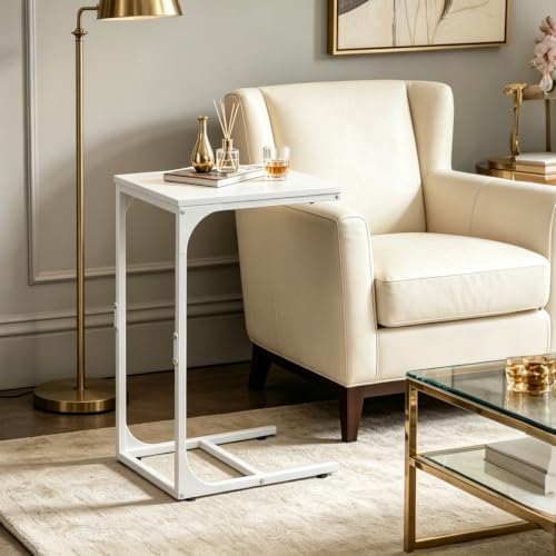 WLIVE C-Shaped End Table Set of 2, Small Couch Side Tables with Metal Frame, Sofa Table TV Tray for Living Room, Bedroom, White - Image 2