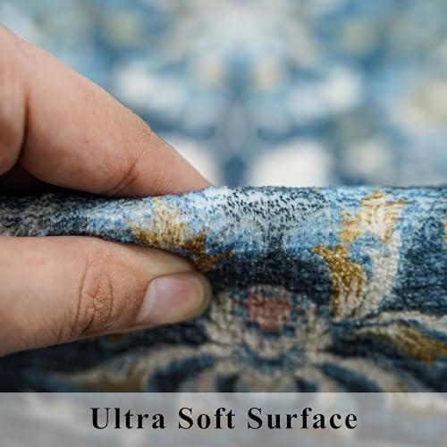3x6 Washable Entryway Area Rugs: Vintage Easy to Clean Kitchen Rug Runner Soft Non Slip Floor Mat Indoor Farmhouse Carpet for Bathroom Living Room Bedroom Printed Hallway Runners(3x6 Floral/Blue) - Image 6