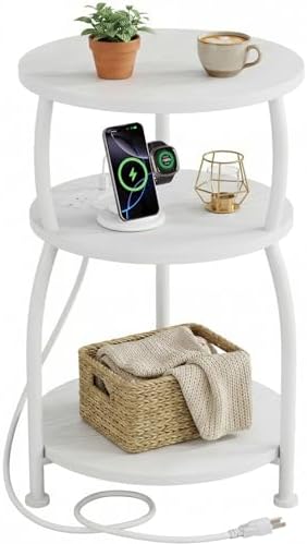 Round Side Table with Power Outlet, USB Type C Port, 3-Tier End Table by designyourhome