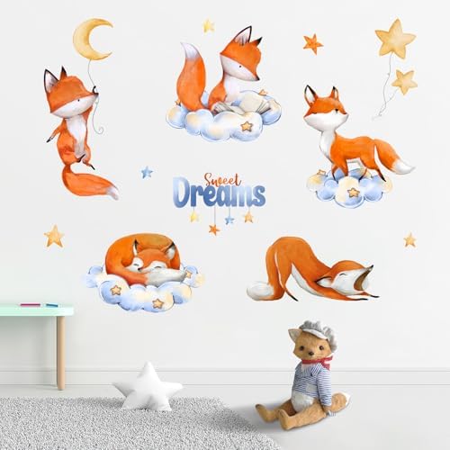 Yovkky Sweet Dream Sleeping Fox Wall Decals Stickers, Cloud Moon Stars | Neutral Toddler Baby Nursery Decor, Cute Home Decorations Kids Bedroom Playroom Art by Yovkky