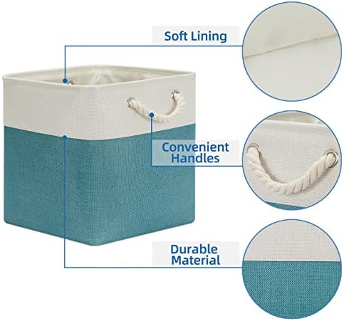 Temary Cubes Storage Baskets 12 Inch Cube Storage Bins for Shelf, Fabric Storage Cubes for Gift Empty Baskets for Home, Collapsable Box Basket for Storage (White&Teal) - Image 3