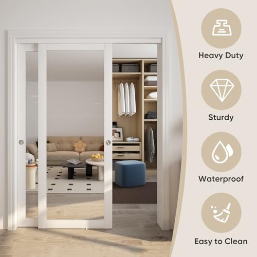 JUBEST 120" x 80" Mirror Closet Door, Preassembled One Side Mirror Door with Hardware Kit & Matching Fascia, Solid Wood Frame with Water-Proof PVC Surface, Easy to Install, White - Image 2