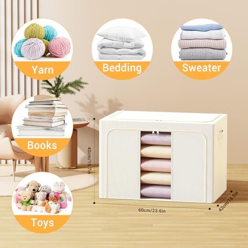 Clothes Storage Bins with Metal Frame, Foldable Clothes Organizers Storage Containers for Clothes, Sheets, Blankets, Pillows and Towels (100L, 3 Pack) Beige - Image 2