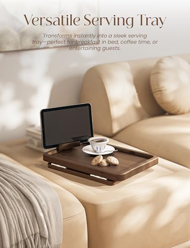 HOLANA 15.75" Acacia Couch Armrest Table with Phone Holder, Walnut Color - Image 6