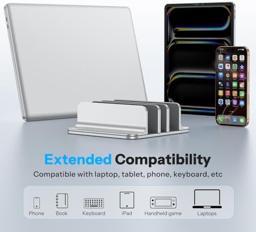 OMOTON 3-Slot Multiple Vertical Laptop Stand, Fits MacBook, Bright Silver - Image 6