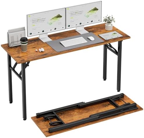 TEMI Long Computer Desk Folding Table - 55.1 Foldable Office Desk, No Assembly, Perfect Writing Table for Bedroom, Dorm, or Apartment, Portable Large Desk or Study Table with Compact Design, Brown by TEMI