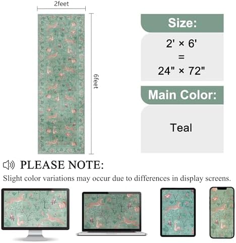 DUKINO 2x6 Runner Rug, Washable Animal Kitchen Rugs Non Slip, Teal - Image 2