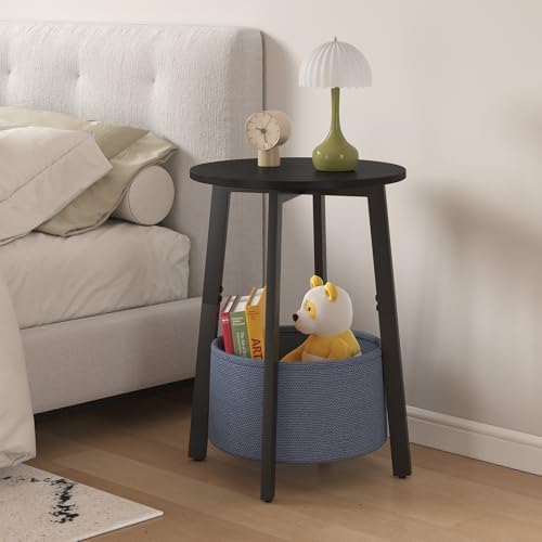 sthmec Small Round Side End Table Set of 2 with Cloth Storage Basket, Round Bedside Sofa Couch Coffee Tables for Small Places with Metal Frame, Modern Nighstands for Living Room Bedroom,Black - Image 5