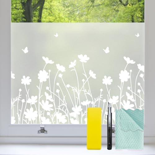 Bloss Window Privacy Film Pure White Flowers Pattern Glass Window Film,Sun Blocking Window Film,Day and Night Privacy Heat Blocking Non-Adhesive Window Tint for Home Office 29.5 x 118inches by Bloss