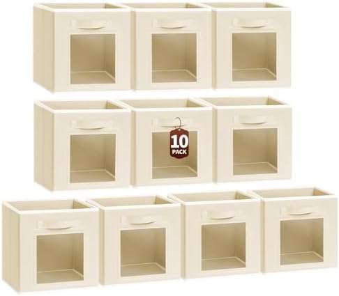 Homsorout Foldable Storage Cubes - Cubby Storage Organizer with Window, Decorative Baskets for Organizing, 11 Inch Fabric Cube Shelf Bins, Set of 10, Beige by Homsorout