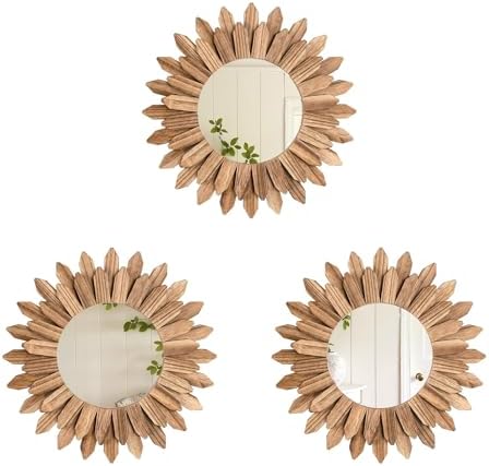 LOSOUR Boho Wall Decor Sunburst Mirror 3 Pack Rustic Round Wood Mirror 12 inch Boho Mirror Home Decor Farmhouse Room Decorations for Bedroom Living Room Entryway by LOSOUR