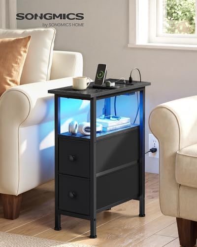 SONGMICS Side Table with LED Light, Narrow End Table with 2 Fabric Drawers - Image 3