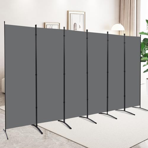 CHOSENM 6 Panel Folding Privacy Screens, 6 FT Tall Wall Divider with Metal Frame, Freestanding Room Divider for Office Bedroom Study (6 Panel, Grey) by CHOSENM