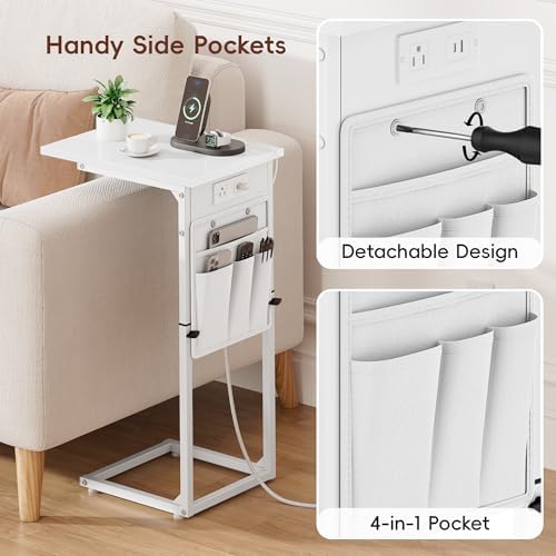 Vagusicc C Shaped End Table with Charging Station, Adjustable Height Side Table for Couch, Small Sofa Table for Small Spaces, Slide Under Sofa Table TV Tray Arm Tables for Living Room, Bedroom, White - Image 6