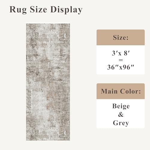 Washable Non Slip Runner Rug 3x8 – Hallway Runner Rug & Kitchen Carpet Runner – Modern Abstract Neutral Low Pile Area Rug for Entryway Bathroom Bedroom (Beige Grey) - Image 2