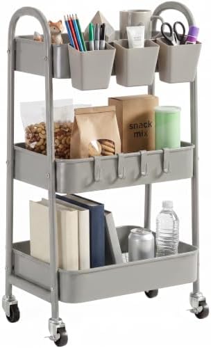 danpinera 3-Tier Rolling Cart, Metal Rolling Storage Cart with Lockable Wheels & Hanging Cups & Hooks, Mobile Trolley Cart for Kitchen, Bathroom, Office, Workshop, Gray by danpinera