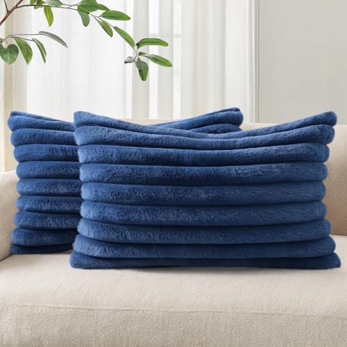 Pallene Faux Fur Decorative Throw Pillow Covers 12x20 Set of 2, Navy Blue by PALLENE
