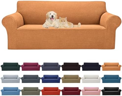 Cupuamon 2026 New Stretch Sofa Slipcovers Couch Cover for 3 Cushion Furniture Protector Sofa Covers with Elastic Bottom Jacquard Fabric Small Checks for Pets, Kids -Sofa, Golden by Cupuamon
