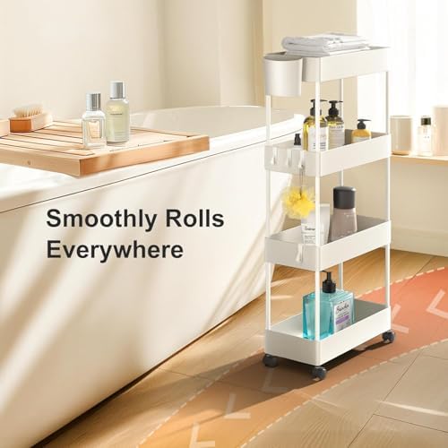 Pipishell 4 Tier Slim Storage Cart with Wheels, Laundry Cart, White - Image 6