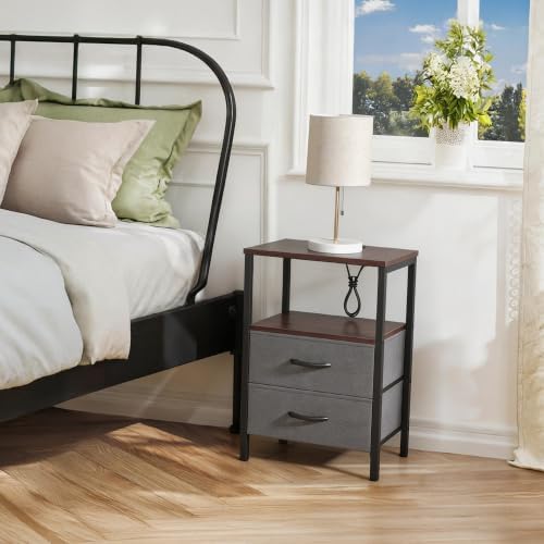 Huuger Nightstand with Charging Station, Side Table with Fabric Drawers - Image 2