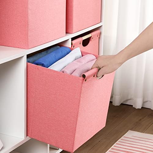 HOONEX Large Foldable Storage Bins, Linen Fabric, Pack of 2, Storage Baskets with Wooden Carry Handles and Sturdy Heavy Cardboard, for Home, Office, Car, Nursery, Pink - Image 5