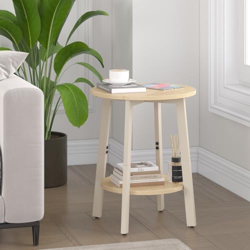 sthmec Side Table, Small Round End Table with Storage Shelf for Small Space, 2-Tier Bedside Table Sofa Couch Table, Round Accent Table Nighstands for Living Room, Bedroom, Natural - Image 2