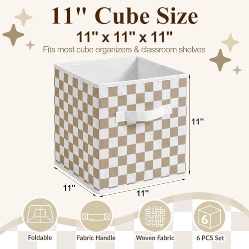 Chunful 6 Pcs 11 Inch Checkered Fabric Cube Storage Bin Brown White Plaid - Image 2