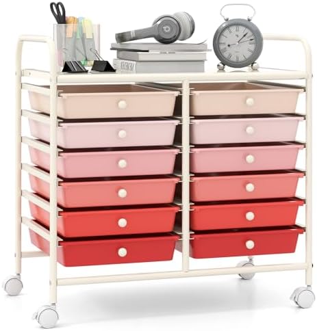Giantex 12 Drawers Rolling Cart, Mobile Storage Drawer Cart, Classroom Organizer Cart for Office School Supplies Tools Scrapbook Paper Craft Small Printer, Utility Cart on Wheels, Pink Gradient by Giantex