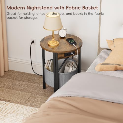 VAGUSICC Round Side Table with Charging Station, Small Round Accent End Table with Fabric Basket, Set of 2 Half Moon Tables Coffee Table, Bedside Table, Modern Nightstand for Living Room Bedroom,Brown - Image 7