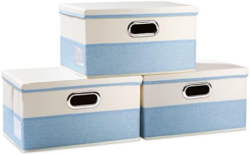 PRANDOM Collapsible Storage Bin with Lid [3-Pack] Fabric Foldable Storage Box Organizer Container Basket Cube with Cover for Home Bedroom Closet Office Nursery Blue&Cream(14.9x9.8x9.8) by Prandom