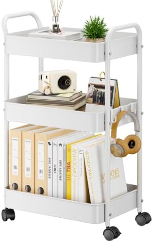 YASONIC 3-Tier Metal Rolling Cart Utility Carts with Wheels White by YASONIC