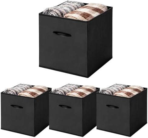WUIKE 13 Inch Cube Storage Bins, Black, Faux Leather Front, 4-Pack by WUIKE
