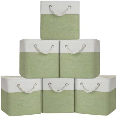 Cube Storage Bins, Collapsible Fabric Storage Cubes Bins, 11 Inch Cube Storage Bins with Handles, Foldable Storage Cubes (White/Green, 6Pack) by BOFUGA