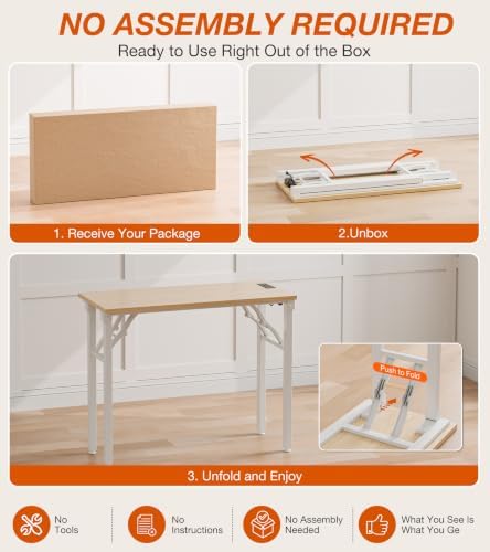XBurmo Small Folding Desk Folding Table, No Assembly Foldable Desk Gaming Desk, 35.8-Inch Computer Table Workstation with 2 AC Outlets and 2 USB Ports for Bedroom and Home Office, Light Maple - Image 3