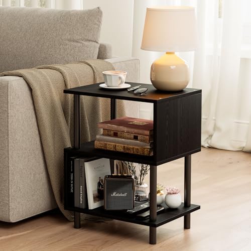 Frylr Side Table, Night Stand and End Table with Reinforced Metal Frame, 44 lb Capacity on Each Tier and Leveling Feet for Bedroom, Bedside, Living Room and Small Spaces, Black by Frylr