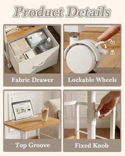 Faesun Swivel Lift Top Nightstand with Charging Station, Rolling Side Table for Recliner, Bedside Table with Wheels & a Fabric Drawer, for Small Spaces, for Bedroom, Living Room, Oak White - Image 5