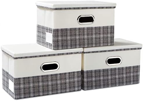 PRANDOM Collapsible Storage Bin with Lid [3-Pack] Fabric Foldable Storage Box Organizer Container Basket Cube with Cover for Home Bedroom Closet Office Nursery Gray plaid & Cream(14.9x9.8x9.8) by Prandom