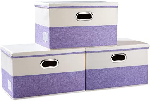 PRANDOM Large Foldable Storage Bins with Lids [3-Pack] linen Fabric Decorative Storage Boxes Organizer Containers Baskets Cube with Handles Divider for Bedroom Closet Purple&Cream(17.7x11.8x11.8) by Prandom